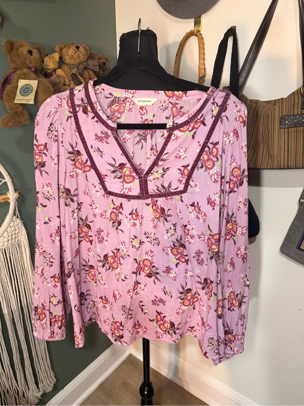 Lucky Brand Purple Floral Boho Peasant Top Medium Oversized Fall